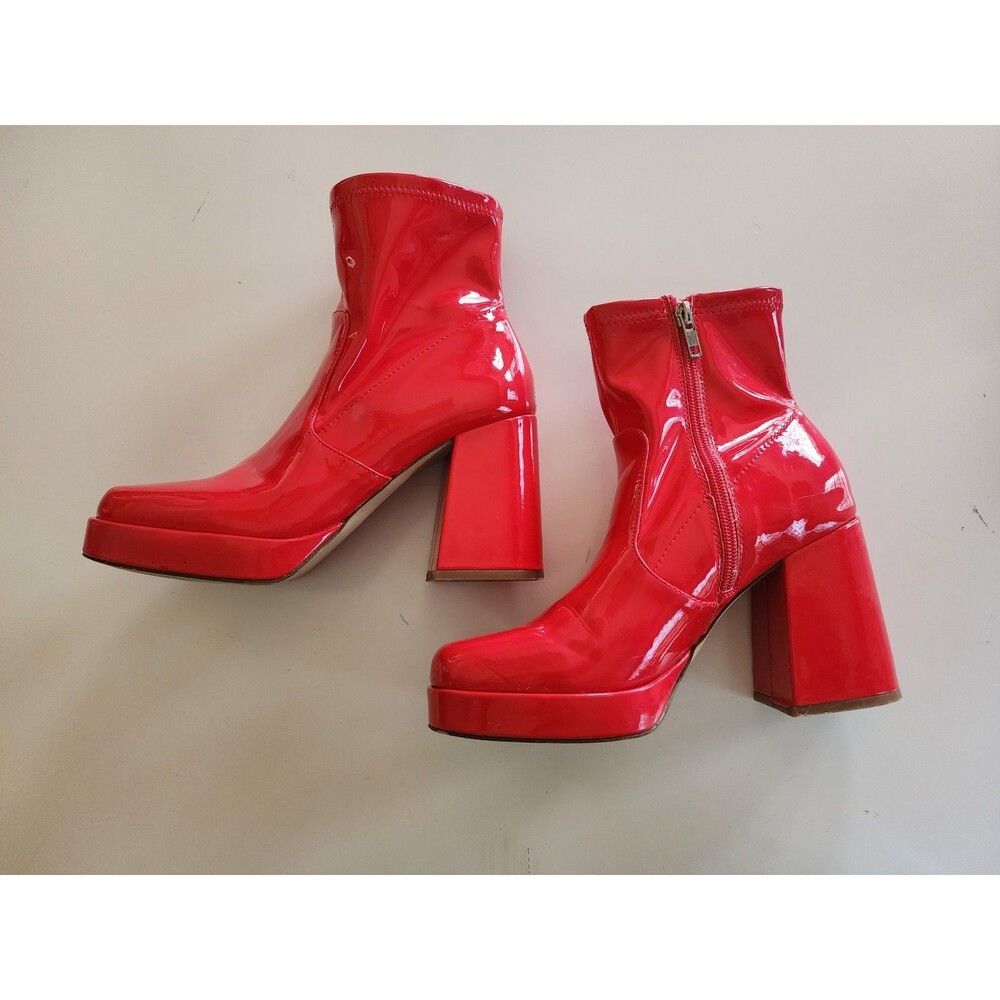 Steve Madden Women 8M Ever Red Faux Patent Heeled Ankle Chunky Platform Mod
